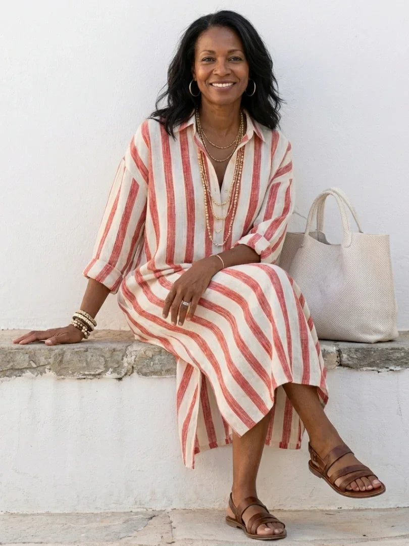 Casual long-sleeve striped midi shirt dress for women. Perfect travel dress for relaxed, fashionable comfort.