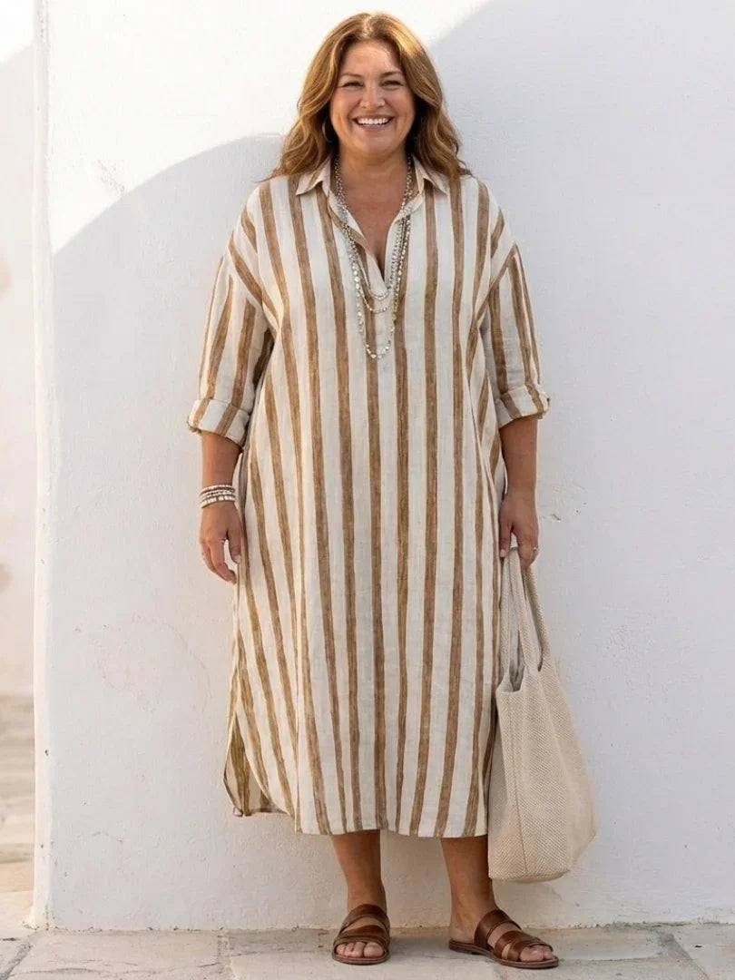 Fashionable women's long-sleeve striped midi shirt dress. A versatile, effortless piece for any wardrobe.