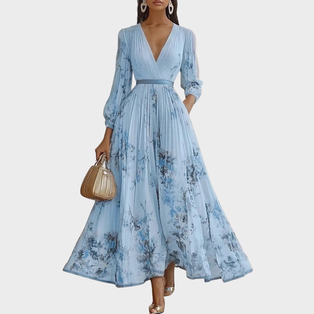 Flowing pleated V-neck maxi dress, a comfortable and elegant choice for women attending weddings or parties.