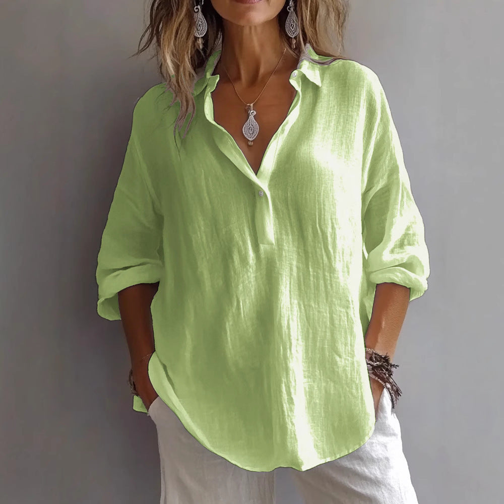 Versatile women's button-down shirt, wide sleeves, ideal for office, casual, or summer fashion.