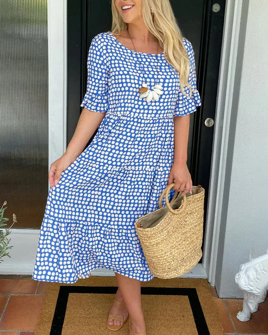 Comfortable women's midi dress with a chic dotted pattern & relaxed fit. Perfect for summer, vacation, or casual brunch.