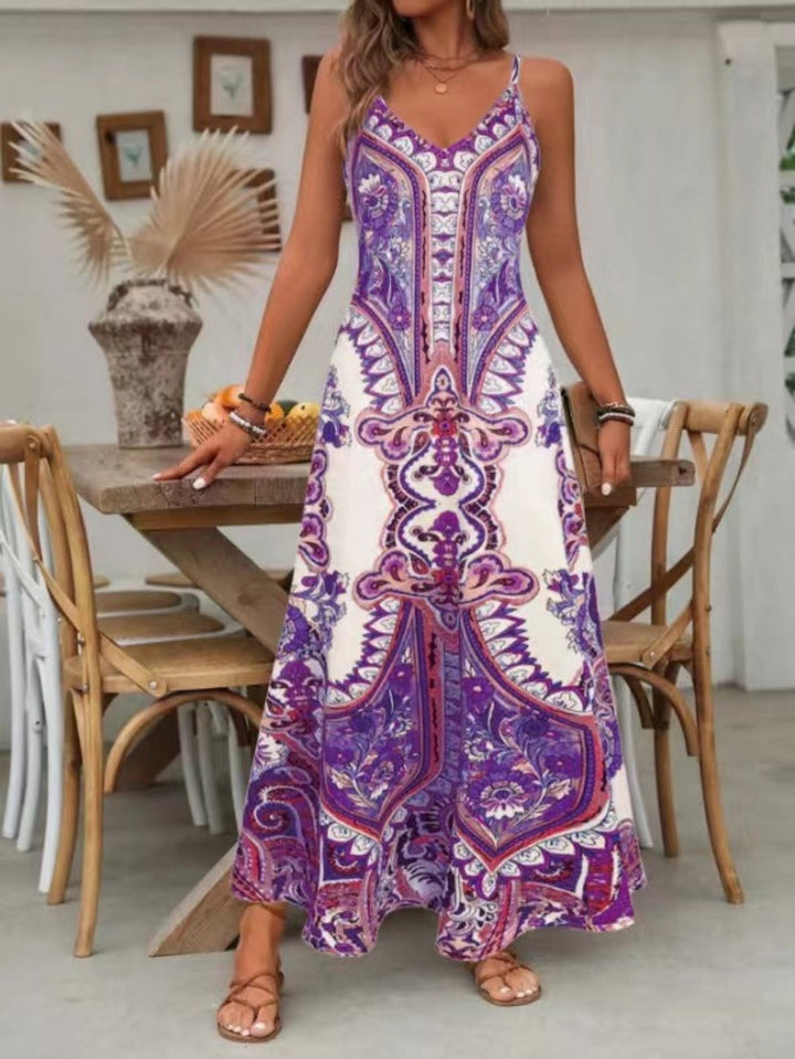 V-neck long paisley print maxi dress for women, embodying effortless bohemian style. Great for summer outings.