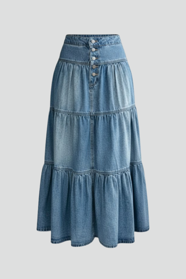 Women's tiered maxi skirt with button-front design, high waist. Perfect for summer casual wear.