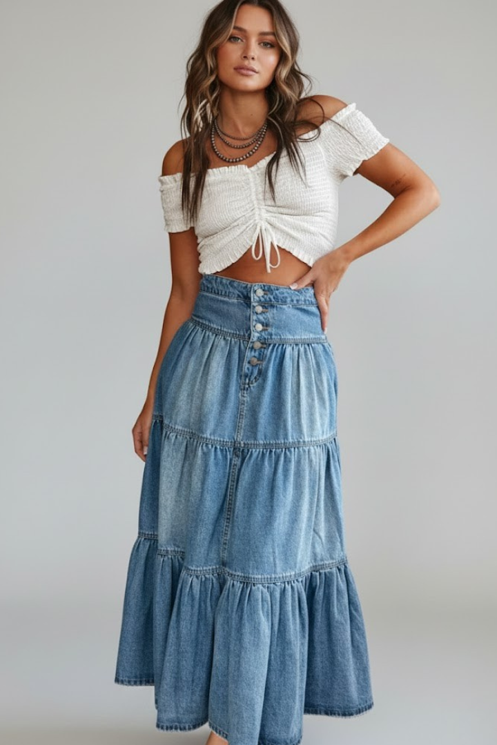 Elegant women's tiered maxi skirt with button front, ideal for summer fashion & everyday wear.
