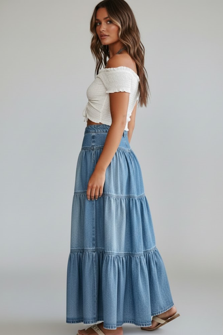 Comfortable high-waist tiered maxi skirt for women, featuring a stylish button-front. Great for casual outfits.