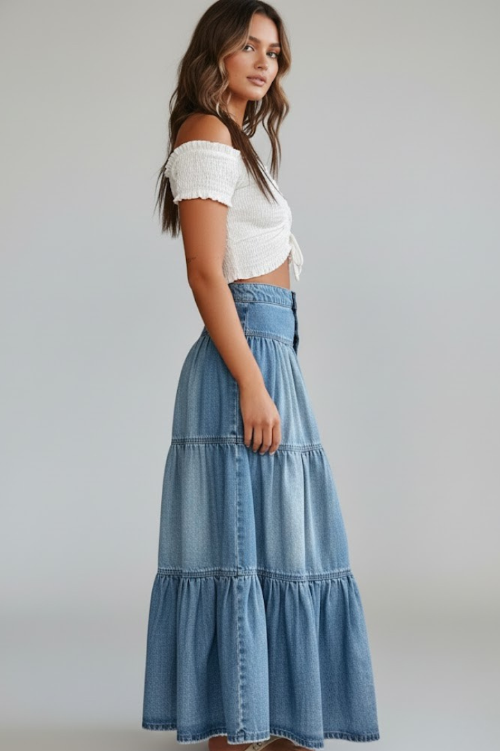 Stylish women's long tiered maxi skirt with a full button-front. Versatile for casual or elegant summer looks.