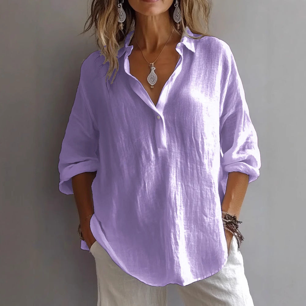 Stylish women's wide sleeve button-down top, relaxed fit, comfortable for daily wear.
