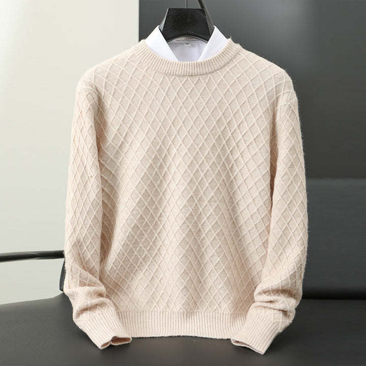 Premium beige men's crewneck pullover. Stylish knitwear, perfect for everyday fall/winter fashion.