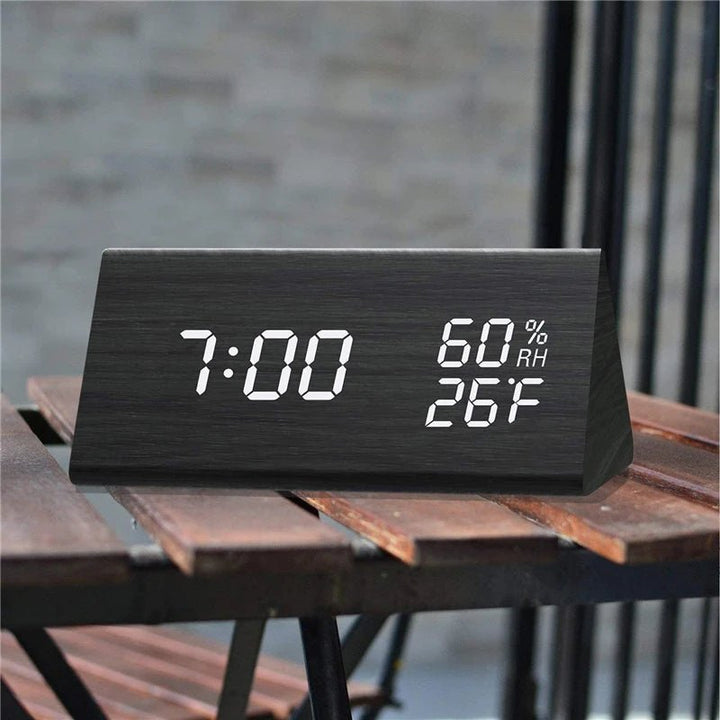 Contemporary wooden digital LED clock, battery operated, showing time & temperature, a stylish piece of modern home decor.