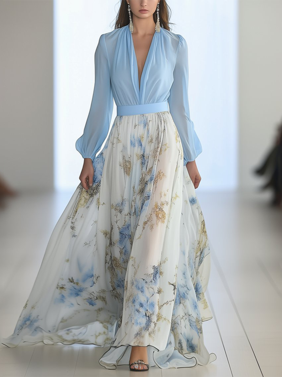 Women's floral V-neck boho maxi dress, perfect for summer vacations. Flowy bohemian style, elegant and comfortable.