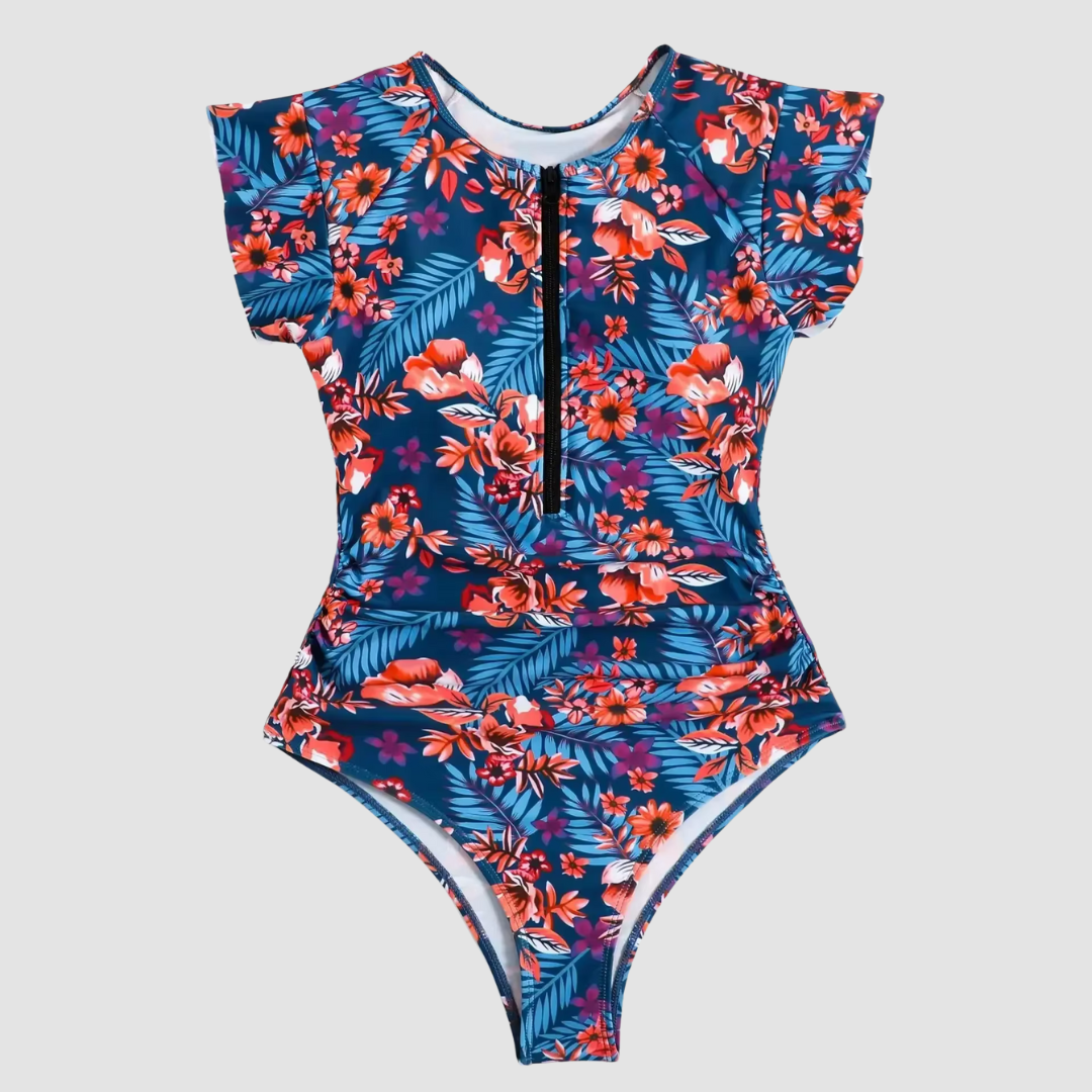 Comfortable women's one-piece swimsuit with zipper. Great for swimming, beach sports, and vacation poolside.