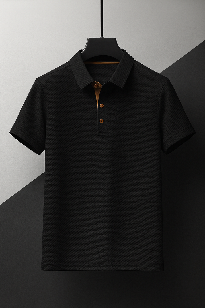 Modern men's performance polo in a comfortable, moisture-wicking fabric; ideal for casual or office wear.