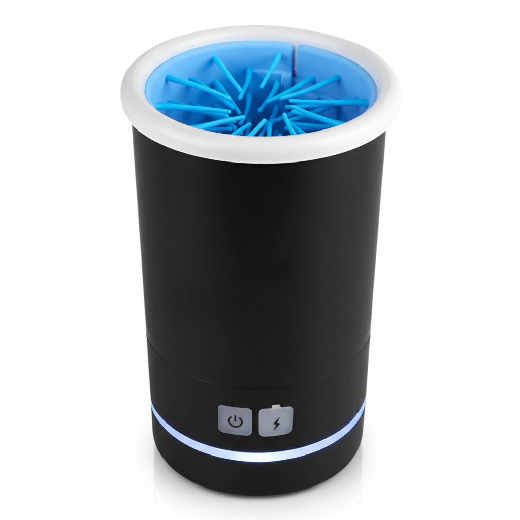Automatic Pet Paw Cleaner for dogs & cats. Rechargeable, with soft silicone brushes for muddy paws.