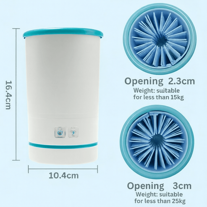 Easy-to-use automatic pet paw cleaner, rechargeable. Gently washes muddy dog & cat paws for improved hygiene.
