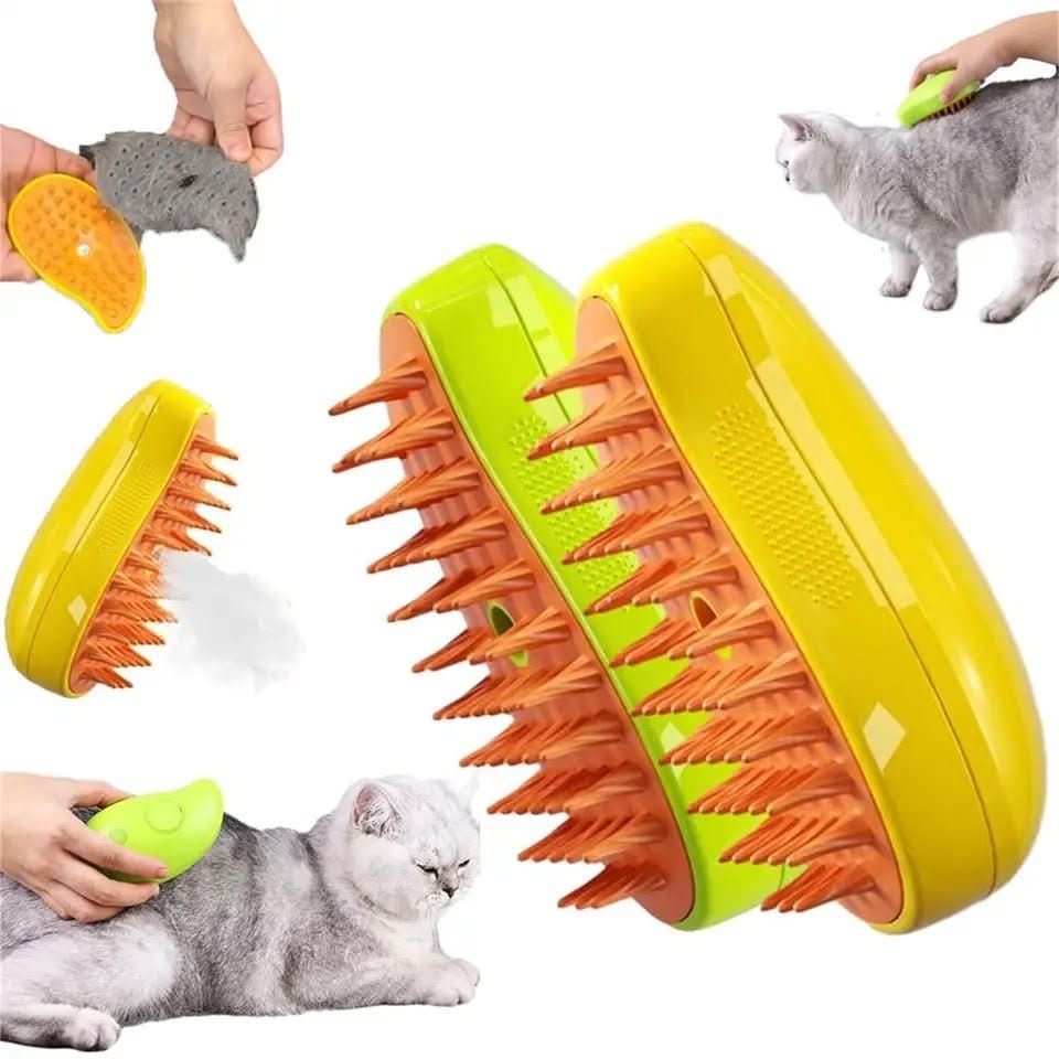 Pet grooming steam brush for gentle deshedding & coat care, perfect for cats & dogs.