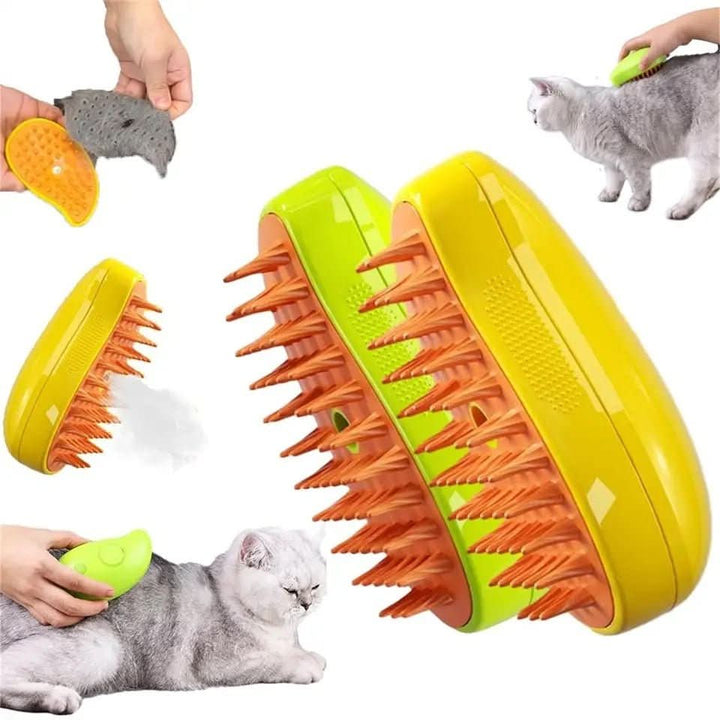 Pet grooming steam brush for gentle deshedding & coat care, perfect for cats & dogs.