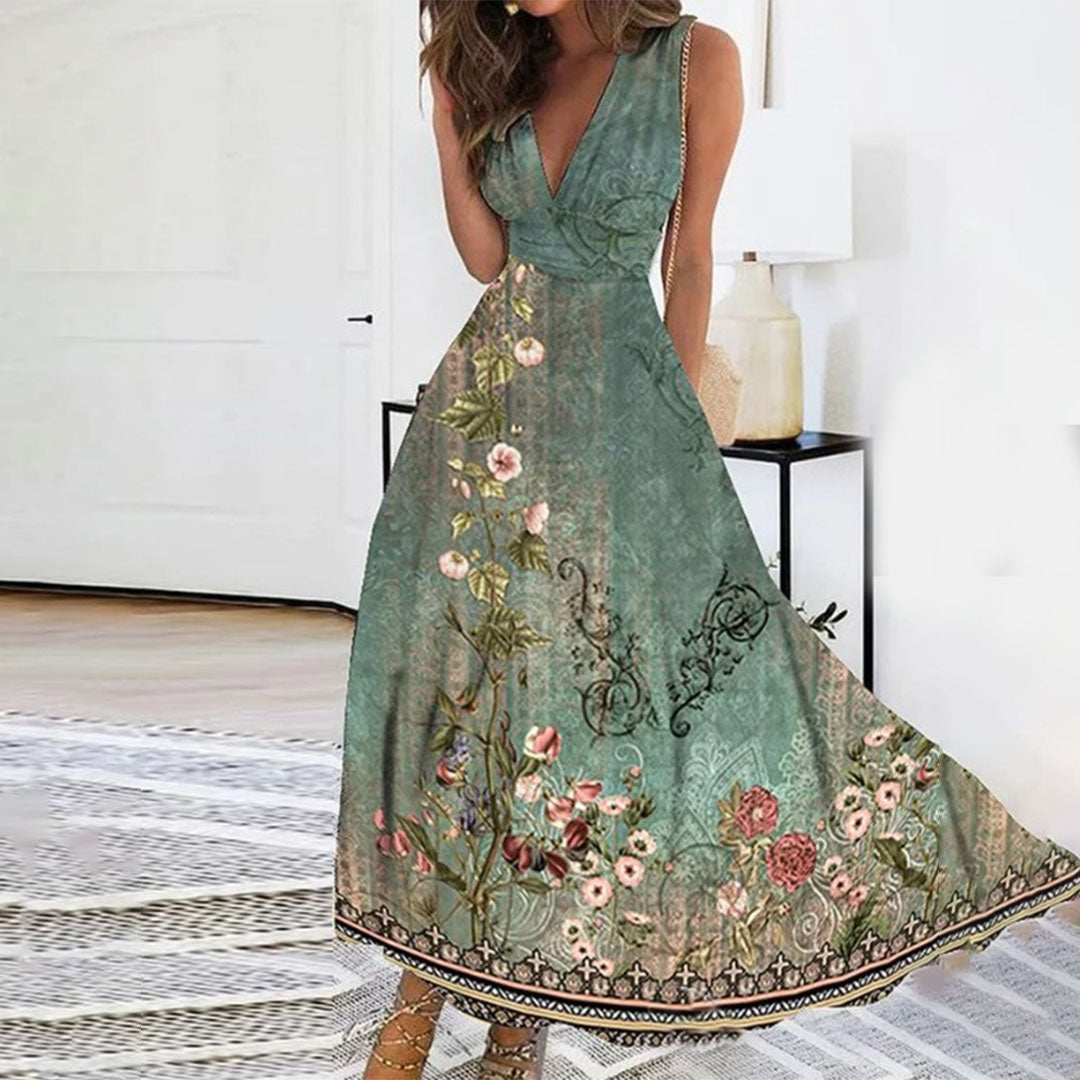 Stylish floral print V-neck maxi dress for women, sleeveless and flowing, ideal for occasion wear.