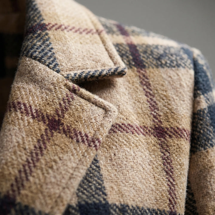 Comfortable women's checkered long winter coat. Stylish lapel design, versatile for casual or fashion outfits.