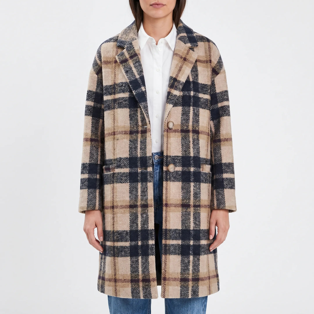 Modern women's long checkered coat with a prominent lapel. A stylish and warm outerwear piece for fall and winter.