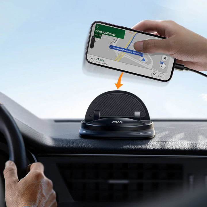 Universal 360-degree rotating car phone holder, securely mounts to dashboard for easy GPS navigation.