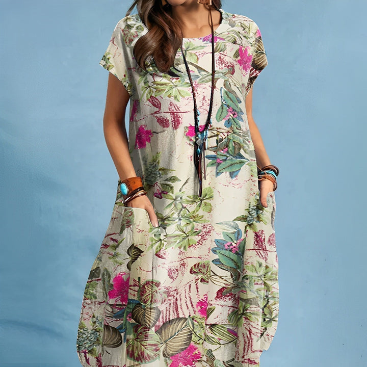 Relaxed fit women's floral midi dress with pockets, ideal for summer vacations & effortless spring fashion.