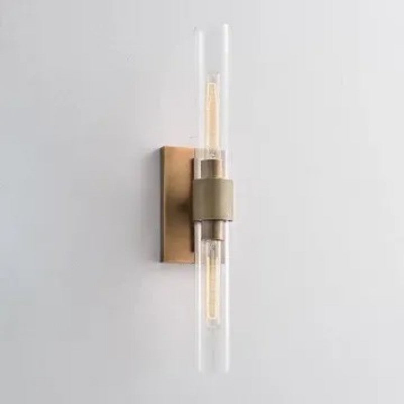 23-inch modern brass & clear glass wall sconce, 2-light vanity fixture.