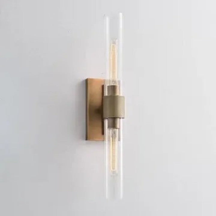 23-inch modern brass & clear glass wall sconce, 2-light vanity fixture.