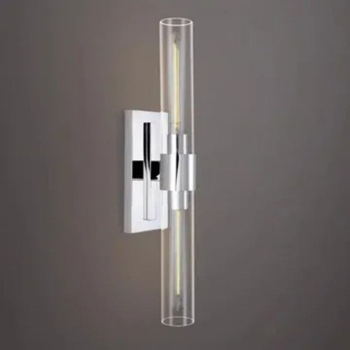 Contemporary 23" brass & clear glass dual wall sconce, a decorative vanity light for modern homes.