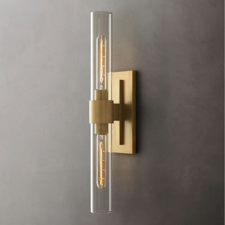 Modern 2-light brass & clear glass wall sconce, 23-inch decorative vanity fixture for bathrooms.