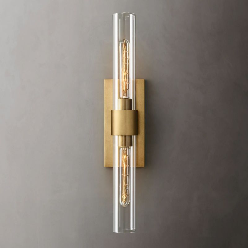 Elegant dual light modern brass & clear glass wall sconce for bathroom vanity lighting.