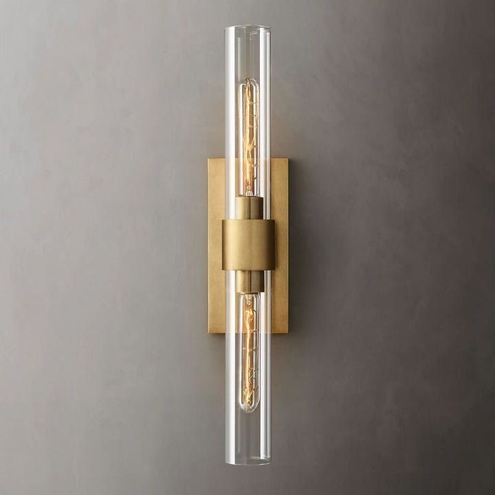 Elegant dual light modern brass & clear glass wall sconce for bathroom vanity lighting.