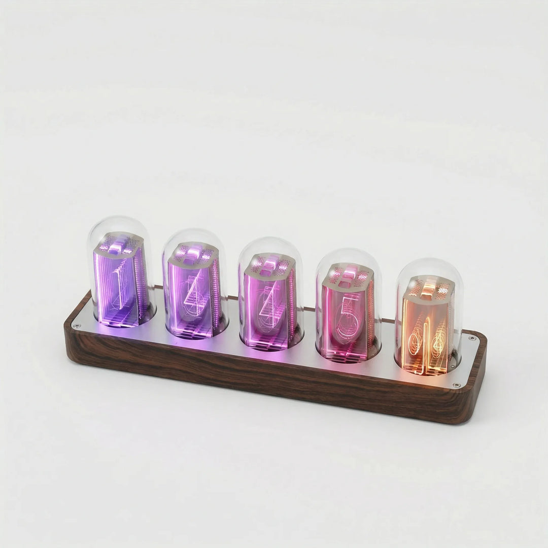 Elegant retro digital tabletop clock with clear pixel display, automatic time sync, enhancing any home or office space.