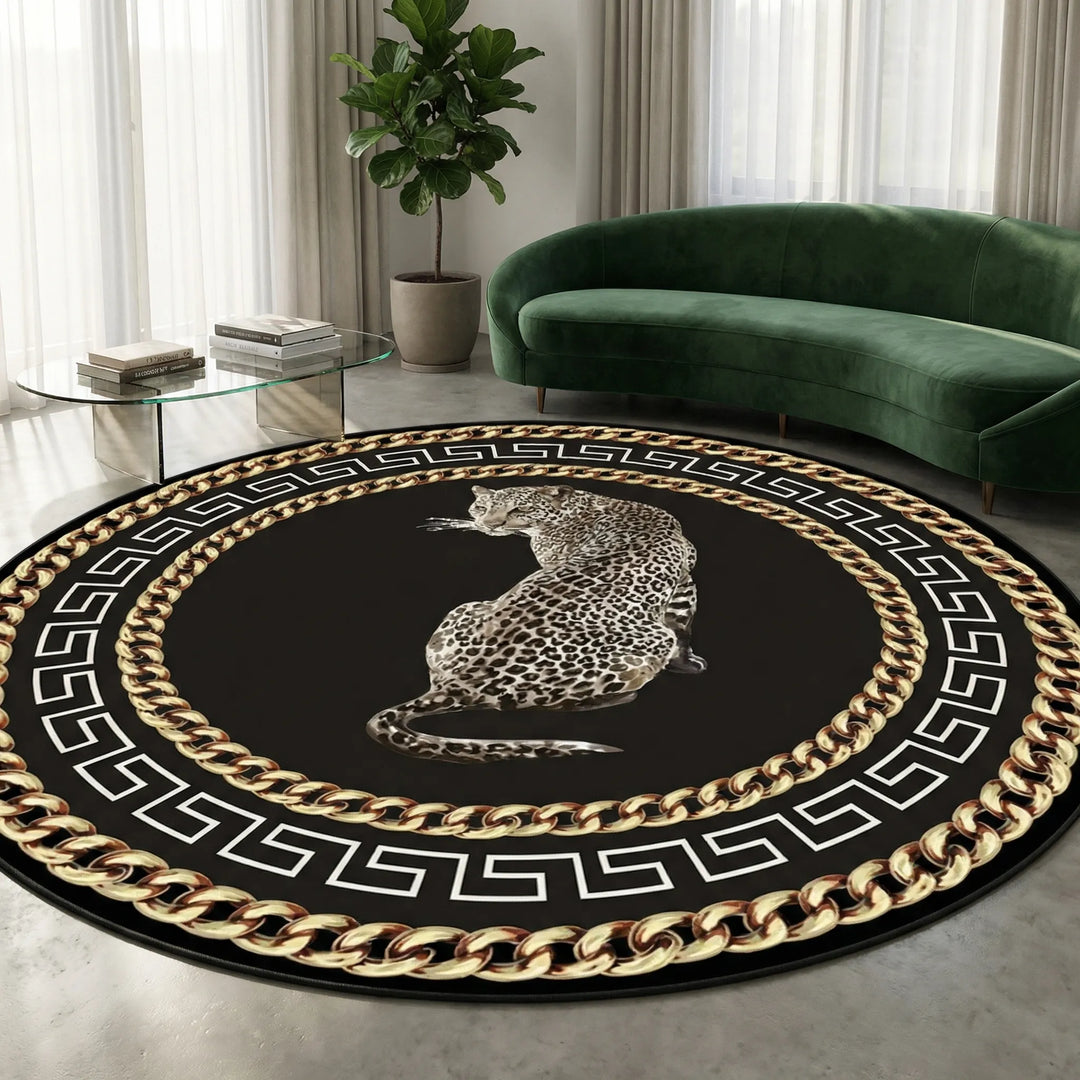 Round leopard print area rug for living room decor. Statement Flowique design, washable & slip-resistant.