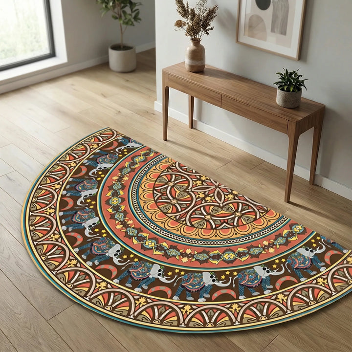 Flowique round decorative rug with an abstract wave design, suitable for bedroom or entryway.