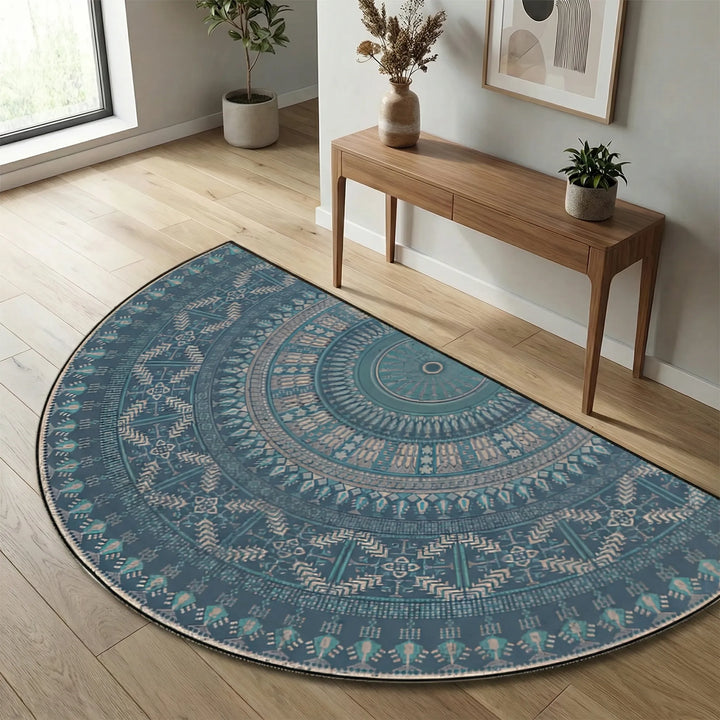 Statement round rug with dynamic Flowique wave design, perfect for a unique home decor accent.