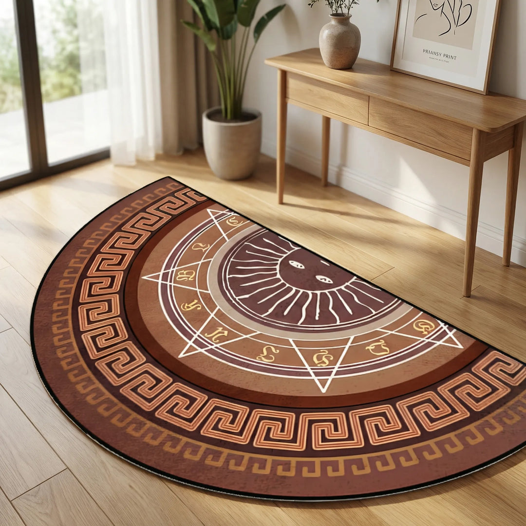 Round decorative floor mat with elegant Flowique waves for home decor.