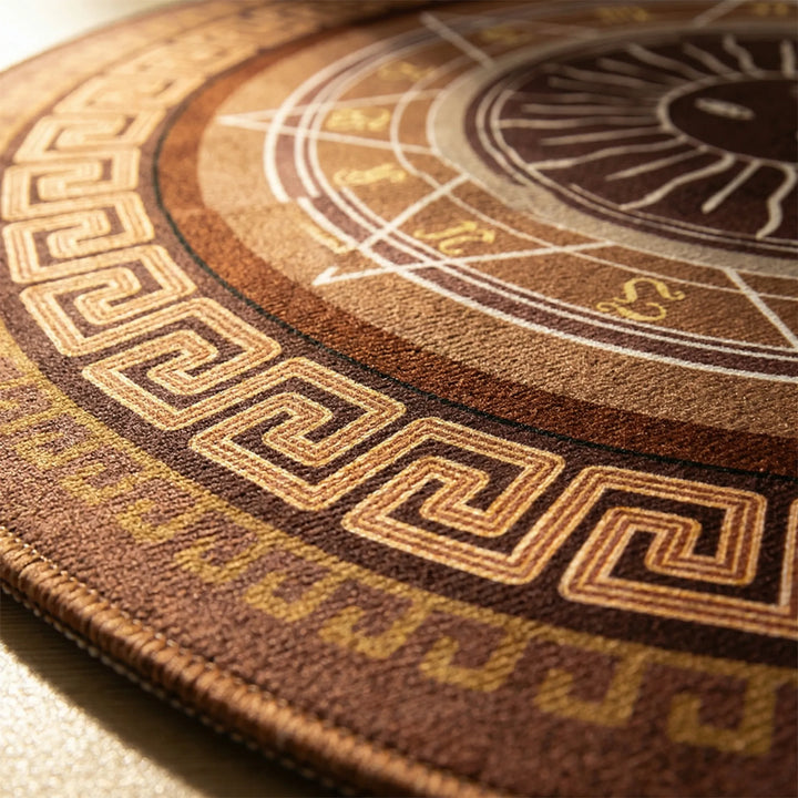 Non-slip washable round floor mat with beautiful Flowique wave pattern for modern bedroom.