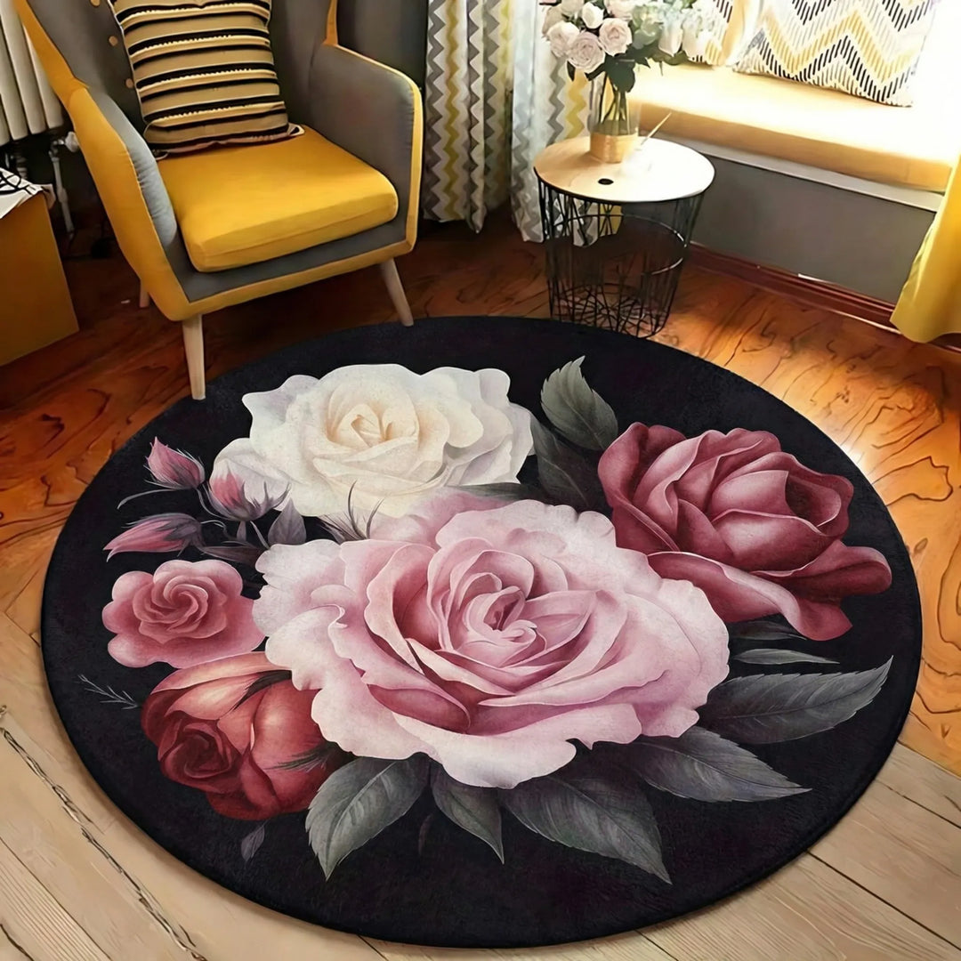 Elegant round floral area rug; soft, plush, and non-slip for living rooms. Flowique decorative home decor.
