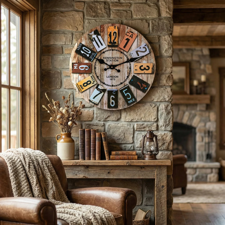 Rustic farmhouse round wall clock with an easy-read display, perfect for vintage home decor.