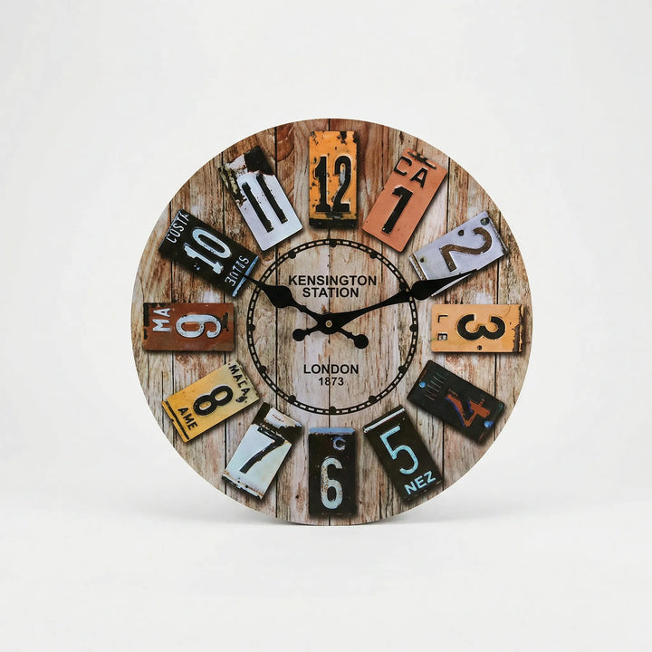 Decorative round wall clock, a rustic farmhouse timepiece with large, easy-to-read numbers for any room.