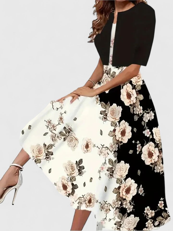 Vibrant floral print & colorblock A-line midi dress for women, elegant and perfect for occasion wear in spring.