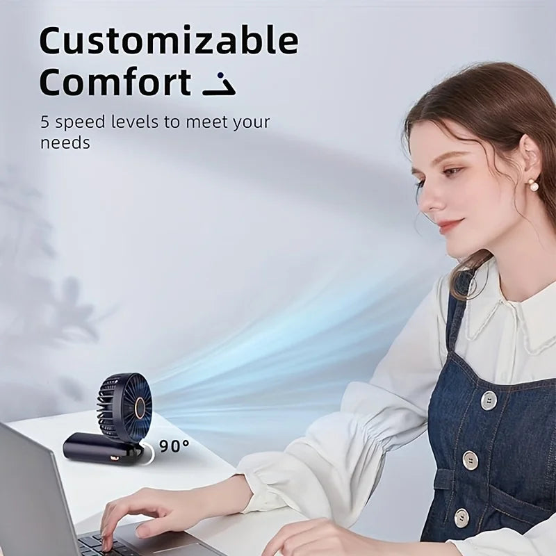 Compact portable mini fan, 6-speed USB rechargeable, ideal travel companion for cooling.