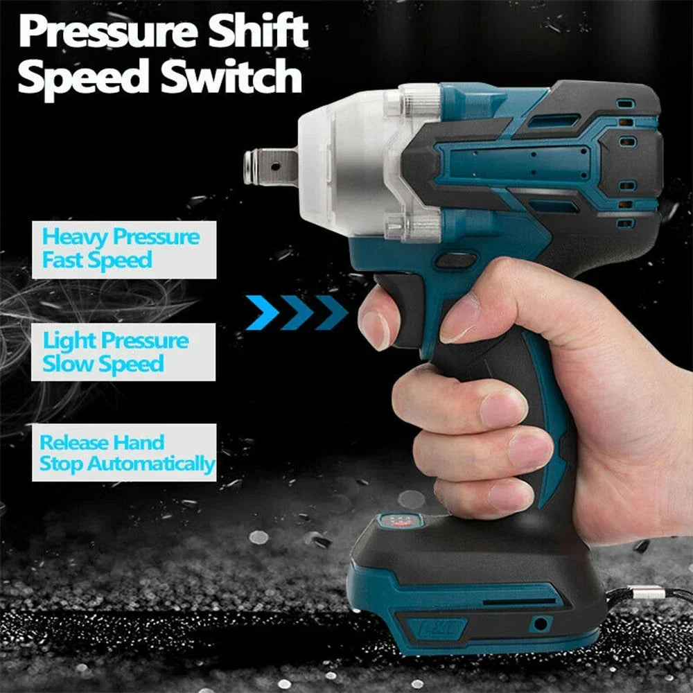 Brushless cordless impact wrench for automotive wheel nuts, DIY projects. 380 ft-lb heavy duty torque tool.