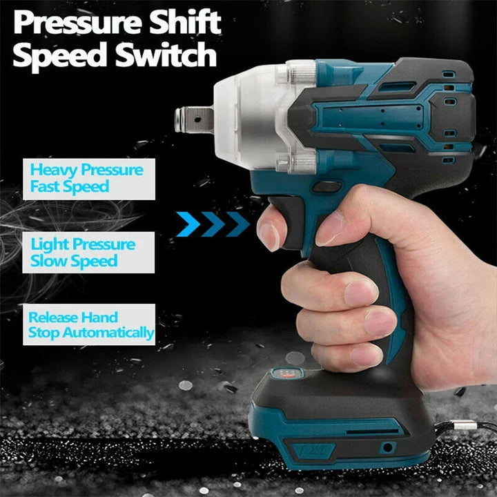 Brushless cordless impact wrench for automotive wheel nuts, DIY projects. 380 ft-lb heavy duty torque tool.