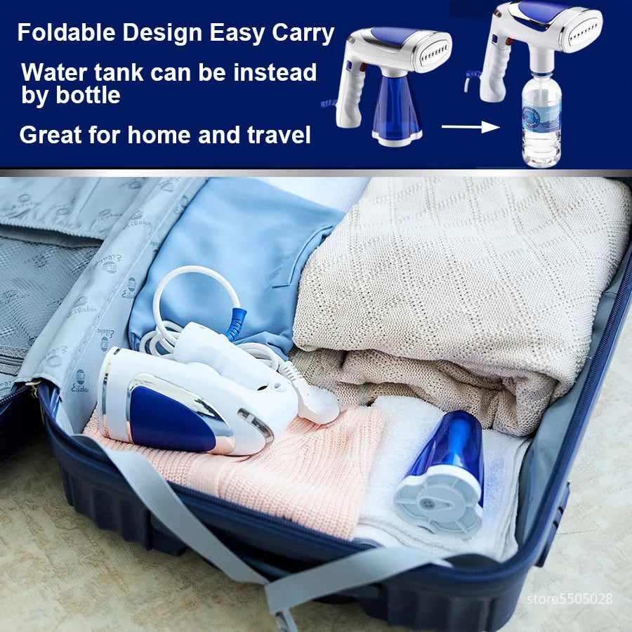 Compact 1600W travel garment steamer. Dual voltage handheld wrinkle remover for quick, easy fabric care anywhere.