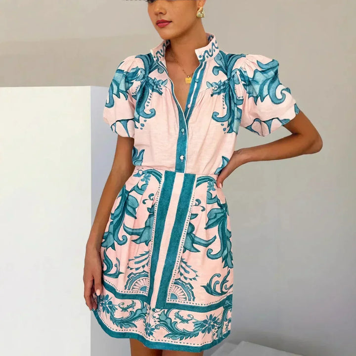 Stylish women's floral puff sleeve mini sundress, a perfect short dress for summer outings.