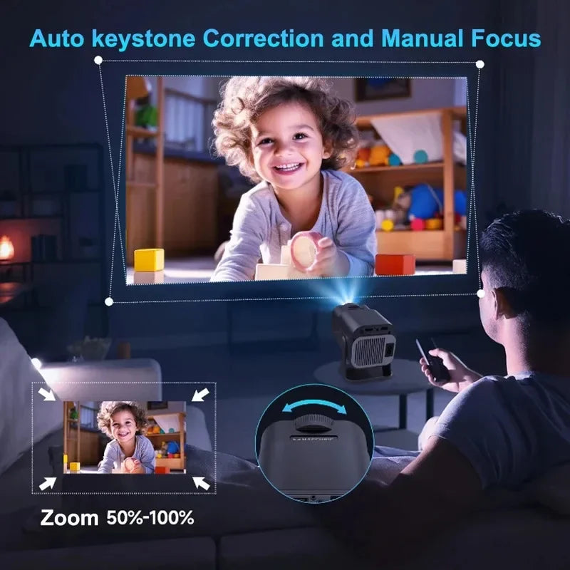 Smart portable 4K Android 11 projector with WiFi, Bluetooth. Perfect for streaming home or outdoor movies.