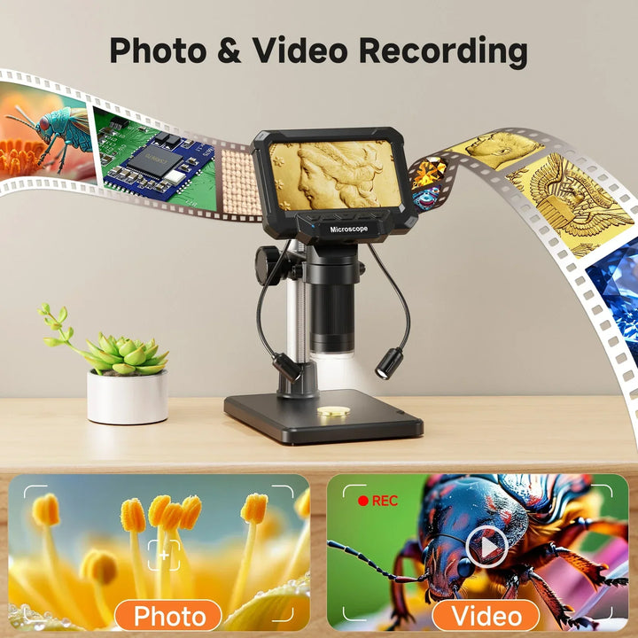 Digital microscope with 4.3-inch HD display & LED light, perfect for magnifying small objects.