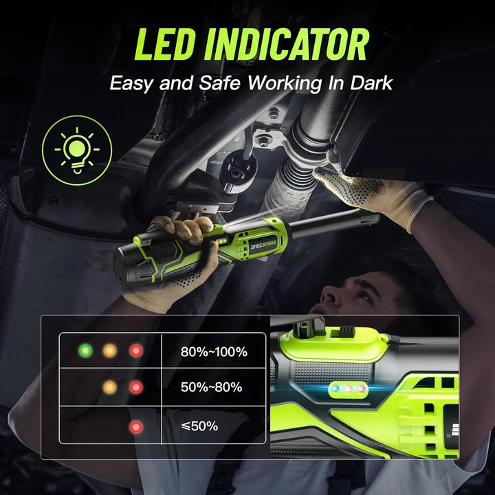 Ergonomic cordless electric ratchet wrench, 3/8-inch drive, perfect for tight automotive and mechanical spaces.