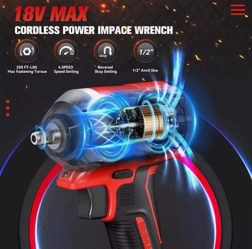 Heavy-duty 1/2 inch drive cordless impact wrench, a powerful and rechargeable tool for mechanics and fastening.